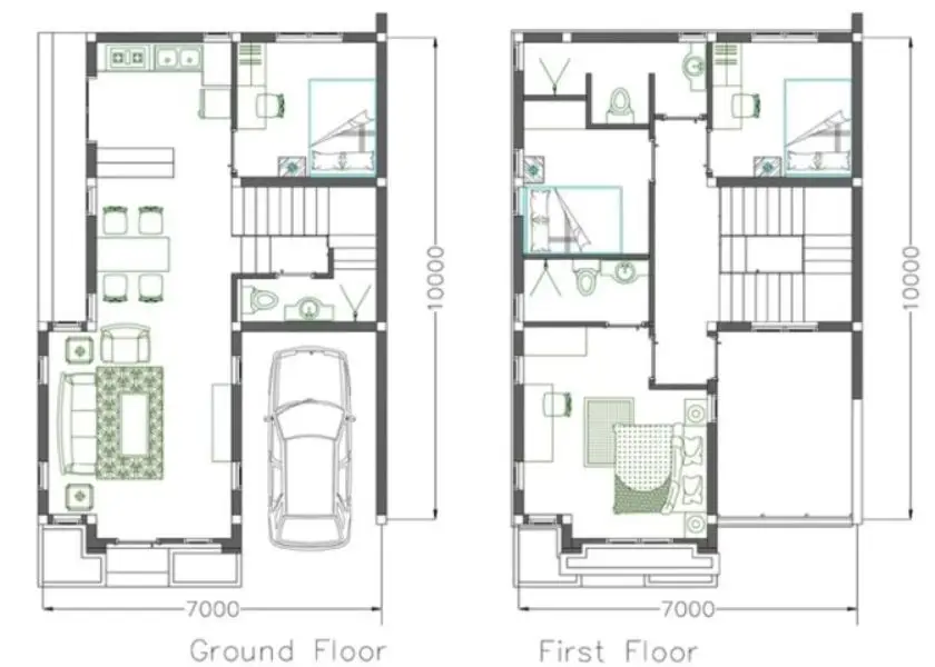 Denah Rumah Tingkat 7x10 dengan Carport